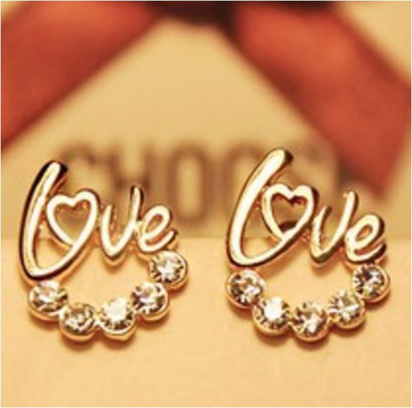 Lovely Golden Love Heart-Shaped Crystal Stud Earrings